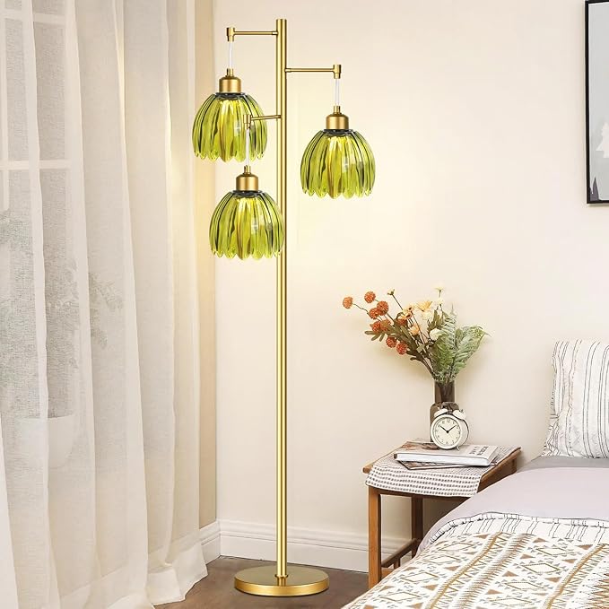 Glass Floor Lamp for Living Room,Bedroom,Gold Mid Century Modern Standing Lamp Brass Tree 3 Light Tall Floor Lamps Vintage Floor Lights Green Tulip Flower Lamp Shade Farmhouse Boho Bohemian