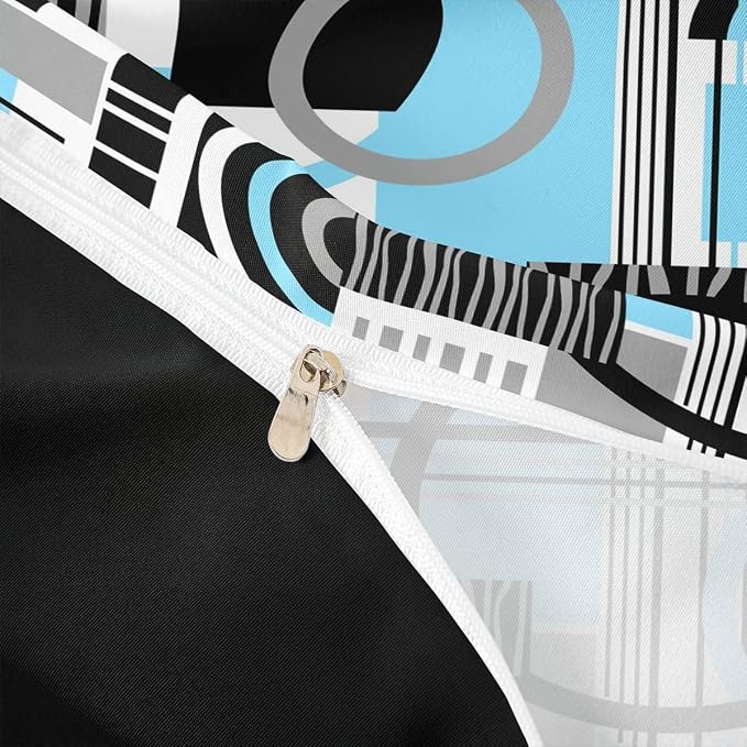 Art Deco Mid Century Duvet Cover Set Retro Modern Abstract Geometric Full Size Bedding Sets for Tween Boys Girls Black and White Sky Blue Circles Stripes Comforter Cover Contemporary Bed Set