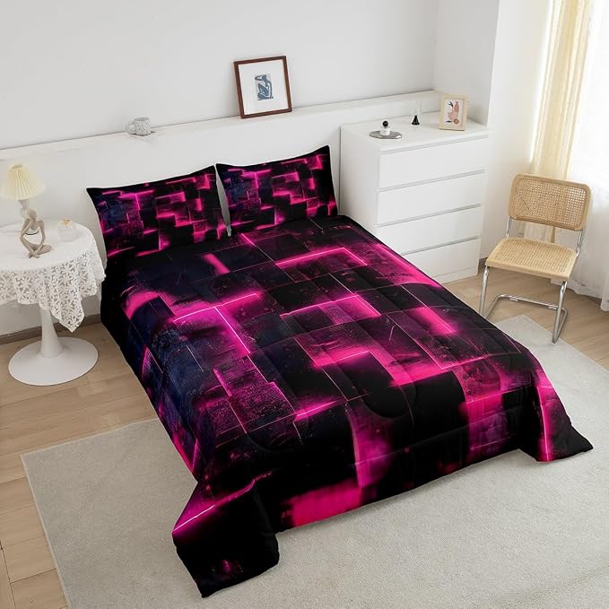 Black Hot Pink Abstract Comforter Full Gradient Square Full Bedding Set, Grid Down Comforter Neon Checkered Bed Set Glowing Plaid Quilted Duvet 3D Modern Bedroom Decor 3pcs (Black Reversible)