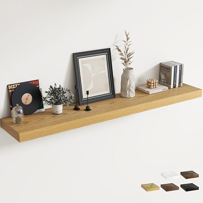 Marsmiles 12" Deep Floating Shelves for Wall with Invisible Brackets, Wall Mounted Engineered Wood Shelves with Wood Grain for Living Room, Bedroom, Kitchen Decor and Storage, 72" L Set of 1, Oak