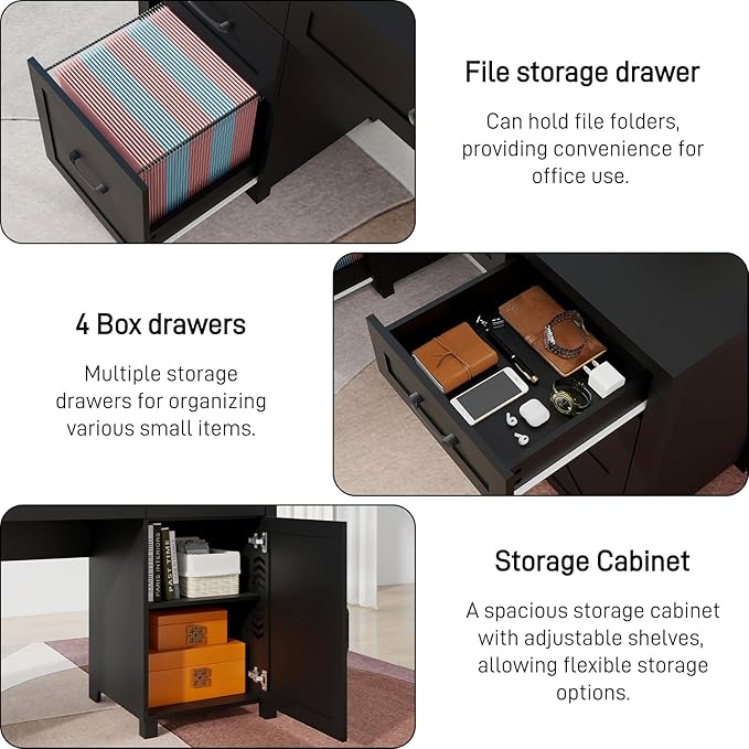 Farmhouse 61'' Executive Desk with 5 Drawers, Rustic Office Desk Computer Desk with Charging Station, File Drawers and Storage Cabinet, Wood Workstation for Study and Home Office,(Pure Black.)