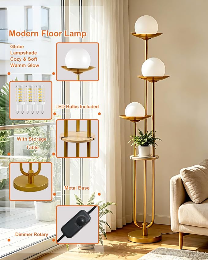 Lightdot Globe Floor Lamp with Shelf 3-Lights Modern Dimmable Floor Lamps for Wedding/Party, 3000K Warm White Bulbs Included, Gold Tall Standing Lamp for Living Room/Bedroom/Sofa Beside/Corner Decor