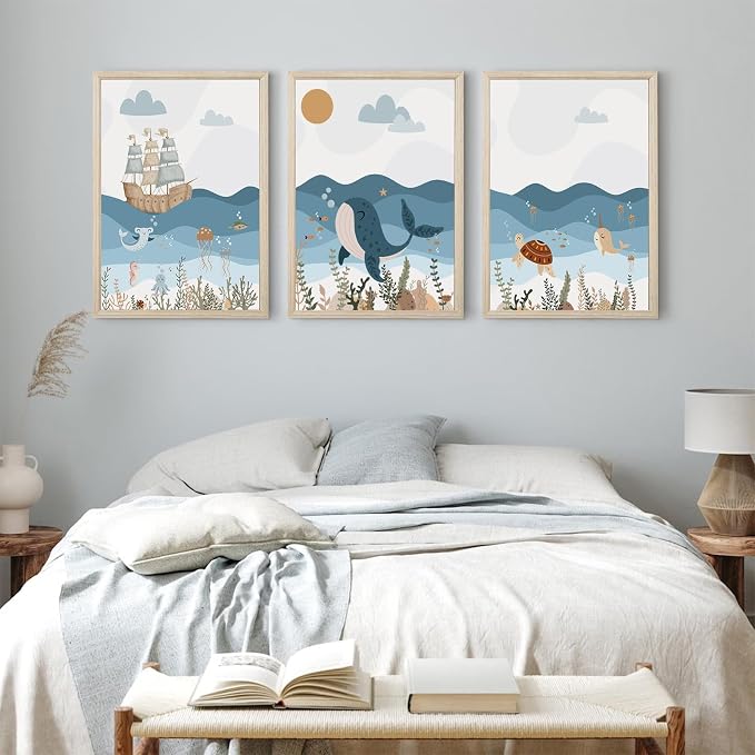 Ocean Nursery Wall Art Pictures Blue Nautical Canvas Art Beach Animal Wall Decor Baby Boys Room Wall Art Sea Whale Prints Ocean Nautical Poster for Nursery Baby Room 16x24 Inch Set of 3 Wood Framed