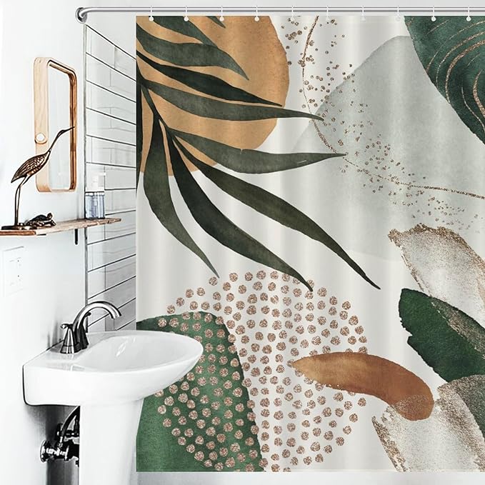 Mid Century Modern Shower Curtain for Bathroom, Boho Aesthetic Tropical Palm Leaves Bohemian Abstract Minimalist Sage Green Waterproof Fabric Shower Curtain Set with Hooks, 72"x78" Inch