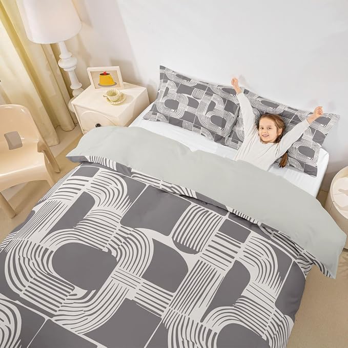 Erosebridal Mid Century Teens Duvet Cover 3 Piece Bohemian Ethnic Bedding Set Queen Size Boho Geometric Comforter Cover for Kids Boys Adult Bedroom Modern Simple Gray Stripes Bed Sets