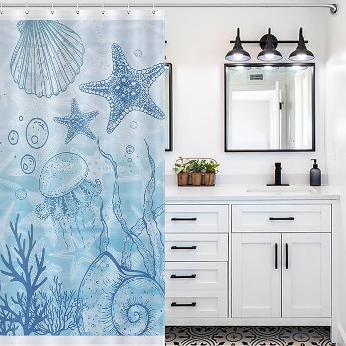 Sea Turtle Shower Curtains,Coastal Nautical Beach Theme Blue Tropical Beachy Under The Sea Animal Bathroom Set Accessories Decor with Hooks,72x84Inch