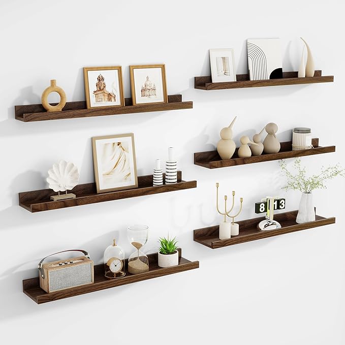 Picture Ledge Shelf, Floating Shelves Set of 6, 24 inch Long Picture Shelf for Wall with Lip, Wall Mounted Shelves for Bedroom, Living Room, Bathroom, Kitchen,Walnut