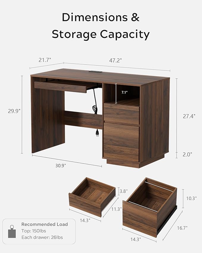 EYYTHUNG 47" Office Desk, Home Office Desk with File Drawer & Open Storage & Power Outlet, Large Wooden Executive Desk for Study Writing, Brown
