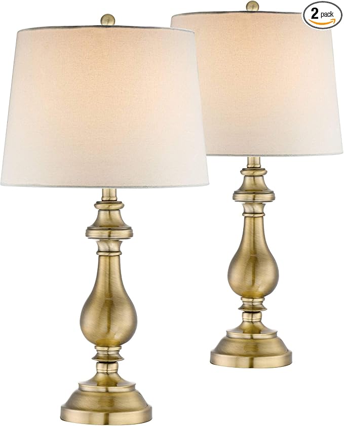 Regency Hill Fairlee Traditional Candlestick Style Table Lamps 26" High Set of 2 Antique Brass Gold White Fabric Drum Shade Decor for Living Room Bedroom House Bedside Nightstand Home Office