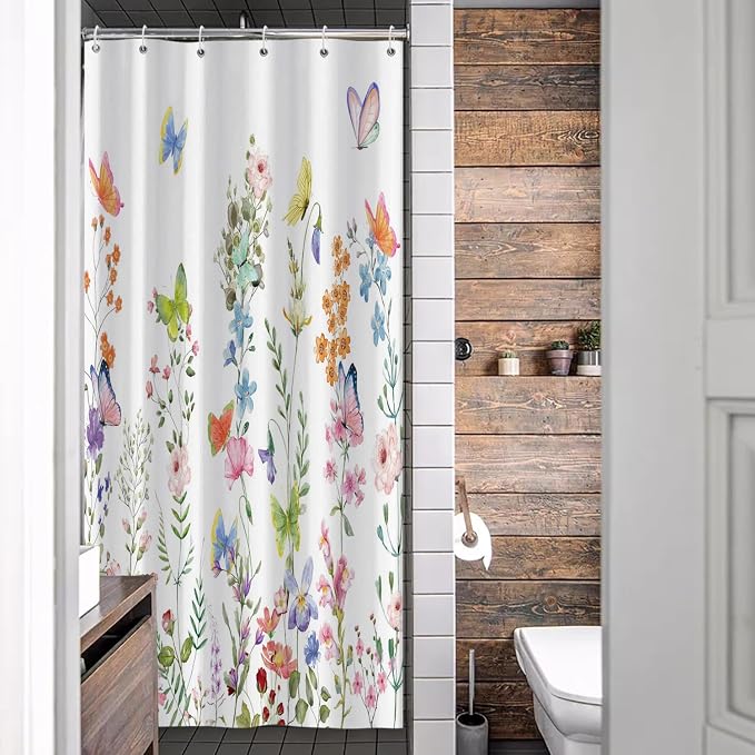 Spring Floral Butterfly Shower Curtain Summer Colorful Wildflowers Botanical Shower Curtain for Rustic Vintage Bathroom Decor Easter Shower Curtain Set 36x72 Inches