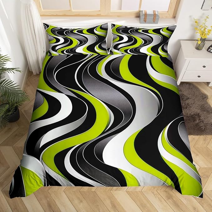 Erosebridal Geometric Wavy Lines Comforter Cover King for Kids Teens Adults,Minimalist Abstract Art Duvet Cover,Modern Aesthetic Bedding Set,Olive Grey Black Bed Set with 2 Pillowcases Bedroom Decor
