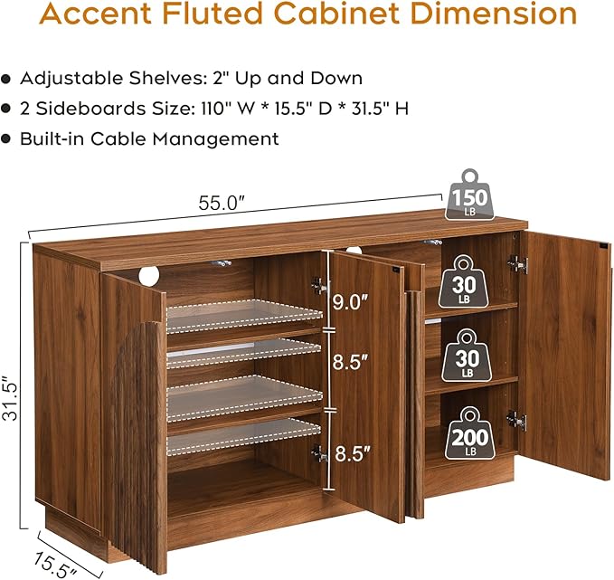 Yechen Walnut Fluted Sideboard Buffet Cabinet with Arched Reeded Design Doors, Mid Century Modern Credenza Storage Cabinet with 2 Adjustable Shelves Inside, for Living Room Kitchen Dinning Hallway