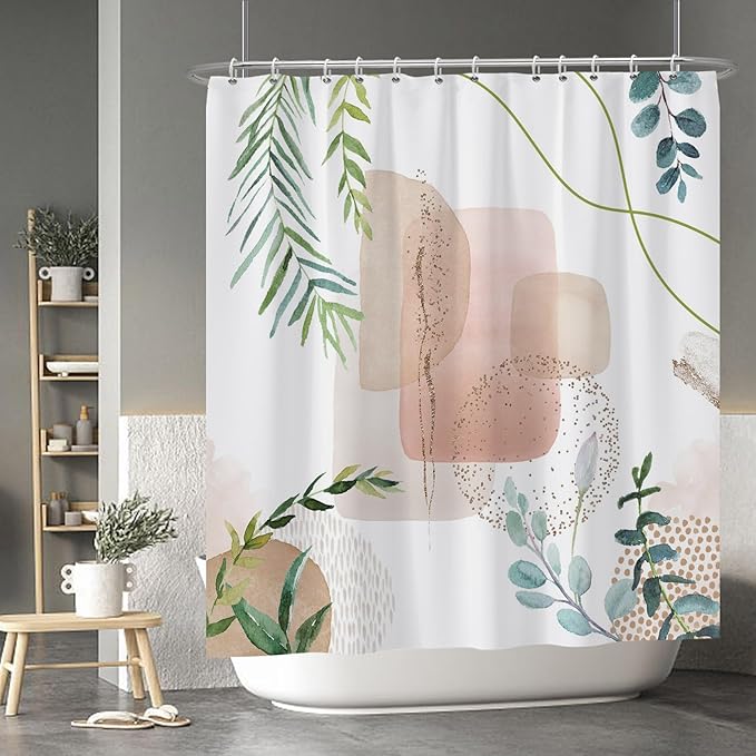 Baocicoo Minimalist Leaves Shower Curtain - Modern Abstract Geometric Botanical Shower for Bathroom, Family, Camping, Hostel - Polyester with Hooks - 72x78 Inches