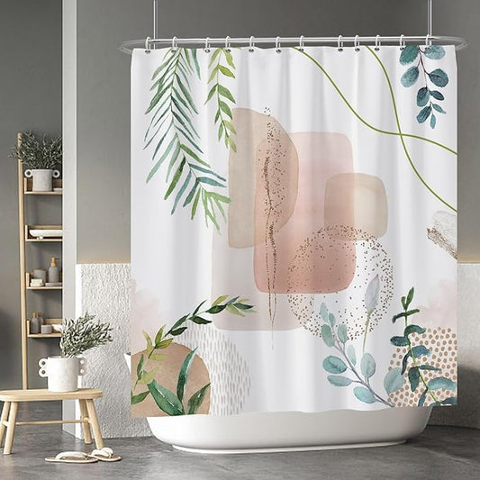 Baocicoo Minimalist Leaves Shower Curtain - Modern Abstract Geometric Botanical Shower for Bathroom, Family, Camping, Hostel - Polyester with Hooks - 72x78 Inches