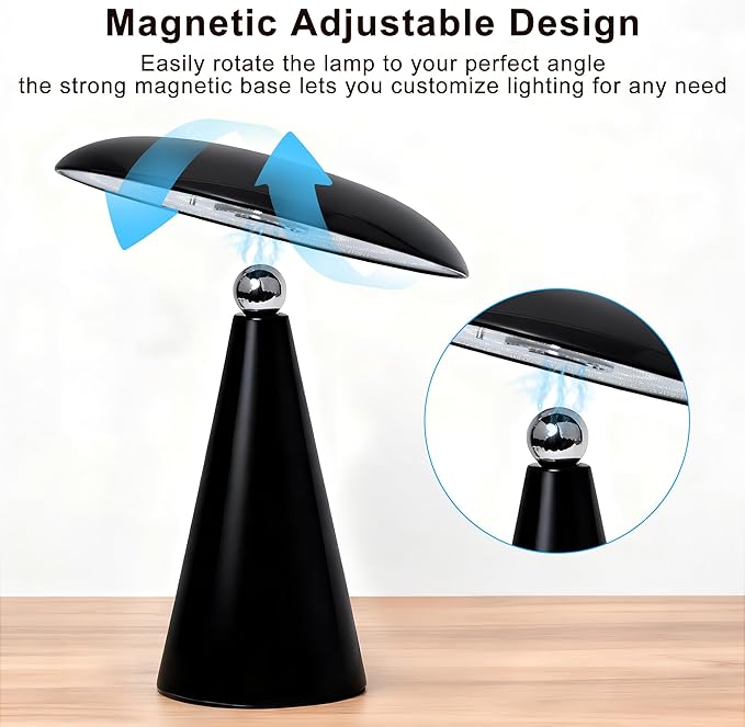 Mushroom Lamp Mid Century Modern Table Lamp, LED Cordless Rechargeable Bedside Light, Dimmable Touch 3-Color Temp, Retro Small Lamp for Bedroom, Living Room，Aesthetic Decor(Black)