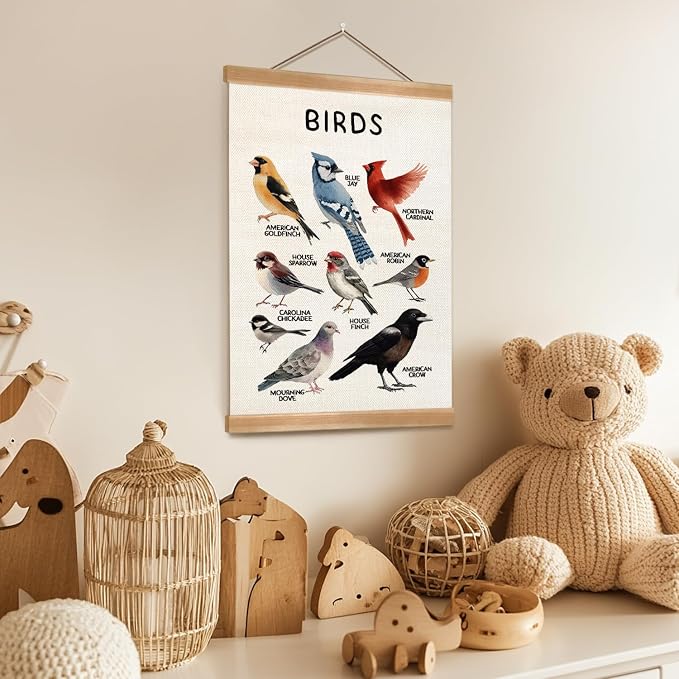 ZTGDA Birds Vintage Wall Art – Hanging Poster with Solid Wood Frame, Linen Canvas Bird Illustration Poster,Birds Wall Decor for Living Room Playroom Classroom, Birds Lovers Gift 12x16inch