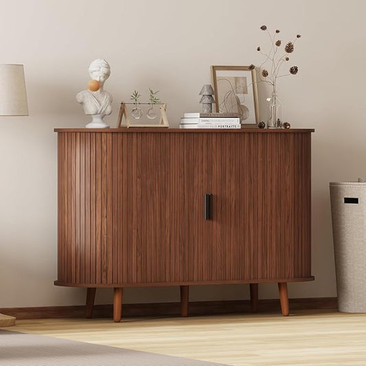 Fluted Sideboard Buffet Cabinet with Sliding Doors, Curved Edge Design for Dining Room Kitchen Living Room, 47" Console Table Credenza with Storage (Walnut)