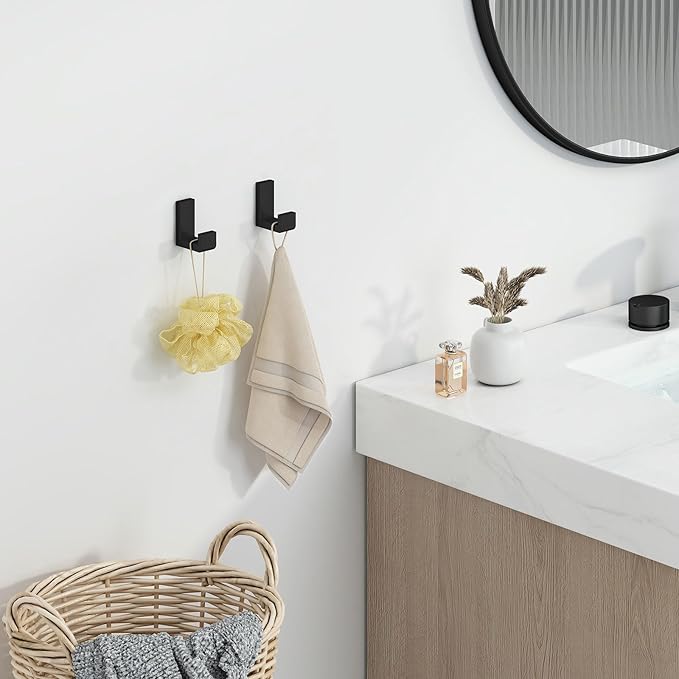 Angle Simple Towel Hook Matte Black 2 Pack, 304 Stainless Steel Bathroom Coat Robe Hook for Wall