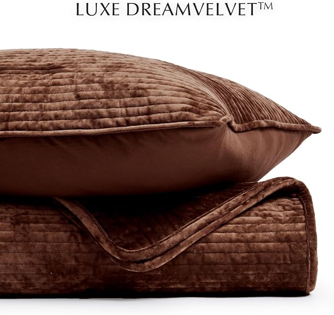 EverGrace Velvet Quilt Set California King 118'' x 106'', Luxurious Soft Bedding Sets, Lightweight Velvet Comforter for All Season, Striped Channel Oversized Bedspread Coverlet w/ 2 Shams, Rust Brown
