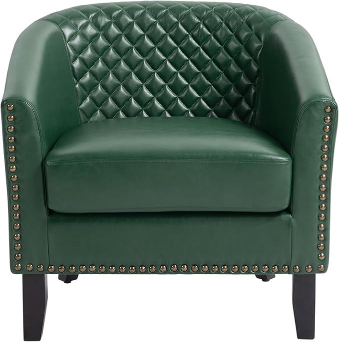 UIXE Faux Leather Barrel Accent Chairs Set of 2, Modern Club Upholstered Arm Chair, Comfy Armchair Nailed Trim Living Room Single Sofa Reading Seat Bedroom Side Sitting for Office, Green