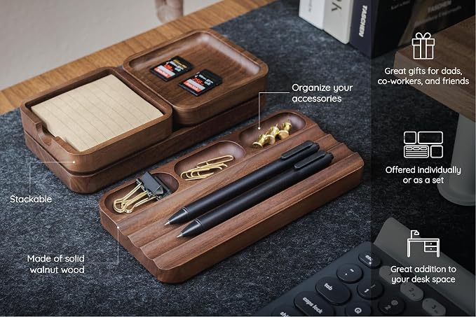MUUJEE Wooden Desk Organization 4 Piece Set - for Desk Accessories Work Teacher Dad Wood Tray Work Minimalist Rustic