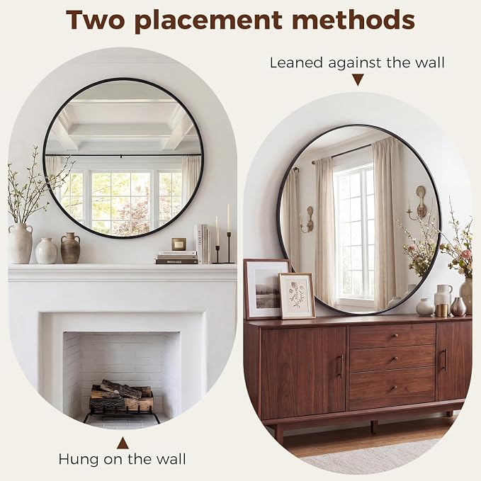 NEWBULIG 30 Inch Round Wall Mirror, Bathroom Mirrors for Over Sink, Matte Metal Framed Circle Vanity Mirror, Wall Decor for Bedroom, Anti-Rust, Tempered Glass, Hanging or Leaning, Classic Black