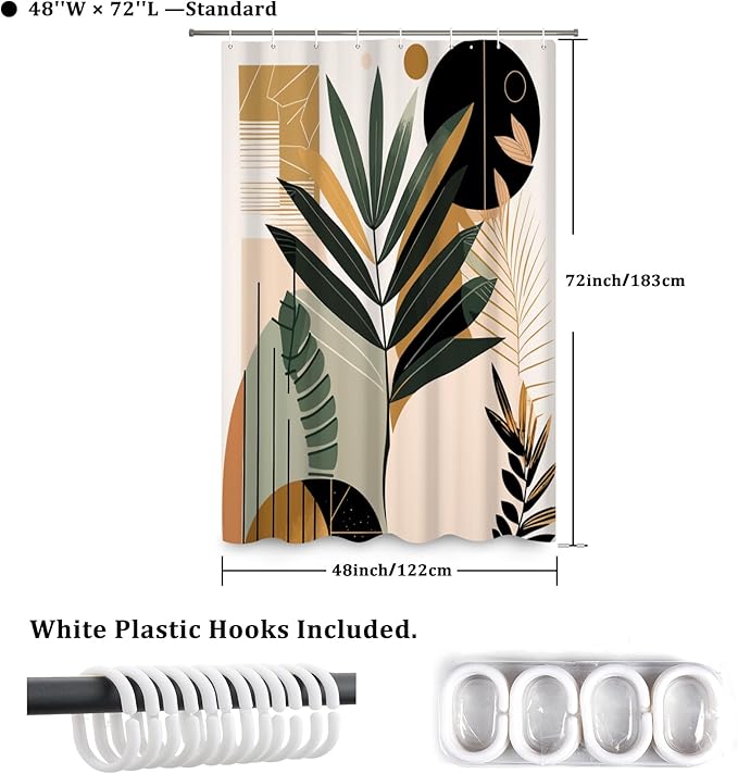 Boho Shower Curtain Mid Century Style Plant Leaves Bathroom Curtain Modern Abstract Graphic Waterproof Fabric Decor Shower Curtain with Hooks 48x72 Inch