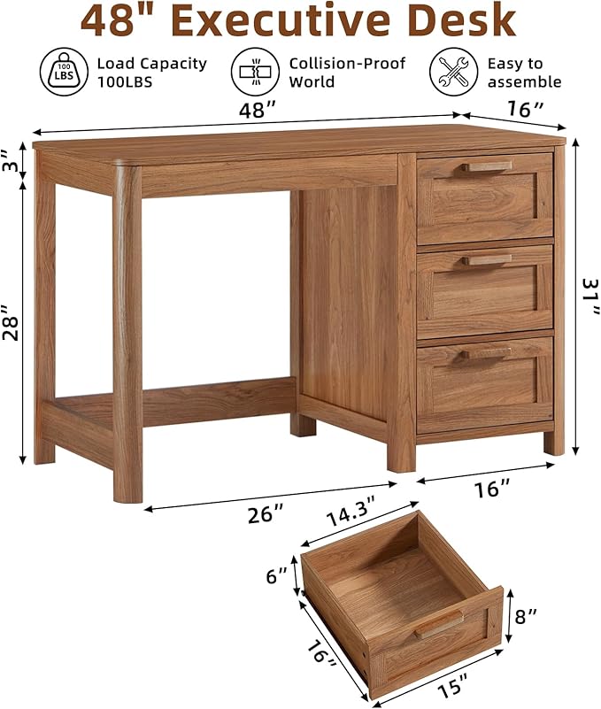 48'' Farmhouse Executive Desk with Storage, Wooden Home Office Desk with Drawer and Vintage Handle, Large Computer Writing Desk for Study, Bedroom, Living Room （Dark Wood）