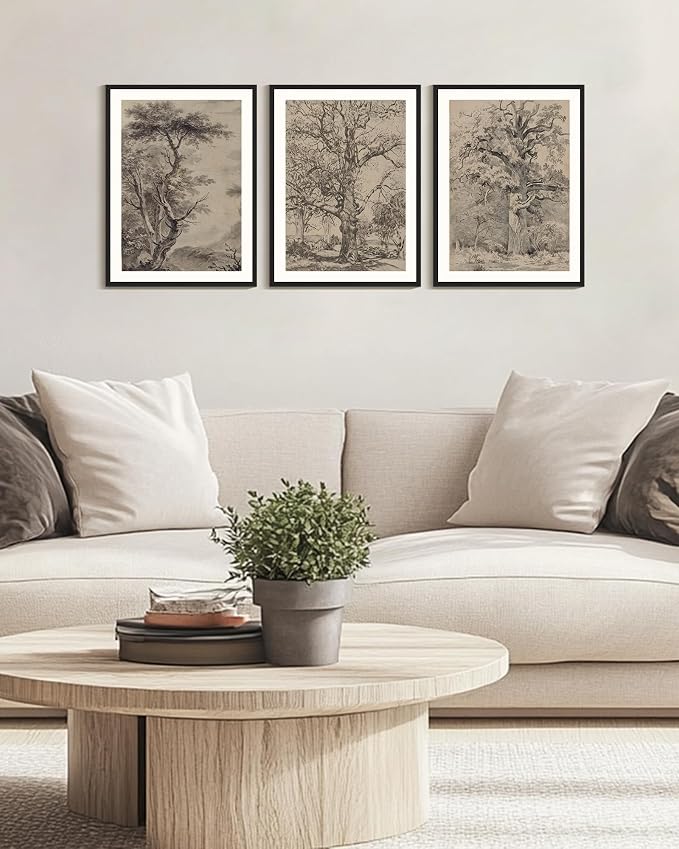 KUVIOKE Vintage Tree Framed Wall Art Retro Antique Forest Drawings Nature Wilderness Sketch Wall Painting Modern Decor 12x16in (Black Framed)