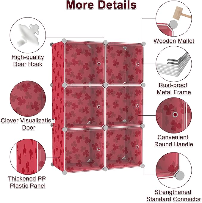 C&AHOME Cube Storage Organizer with Doors, 6-Cube Shelves, DIY Plastic Modular Bookshelf, Closet Clothes Storage Shelving Ideal for Bedroom, Living Room, Clover Embossed, Red