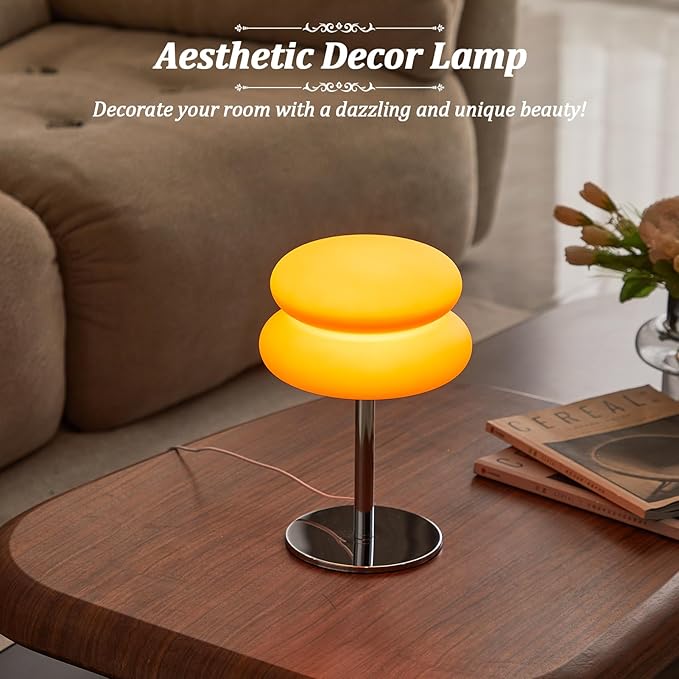 Orange Mushroom Lamp, Mid Century Modern Lamp for Nightstand, Dimmable Retro Egg Tart Bedside Lamps, Home Decor Ambient Lighting Aesthetic Cute Lamps for Bedroom Living Room (NOT Glass)