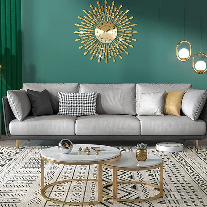 Large Wall Clock Metal Decorative Wall Clocks 3D Non-Ticking Silent Quartz Clocks with Arabic Numerals for Living Room Home Kitchen Decor