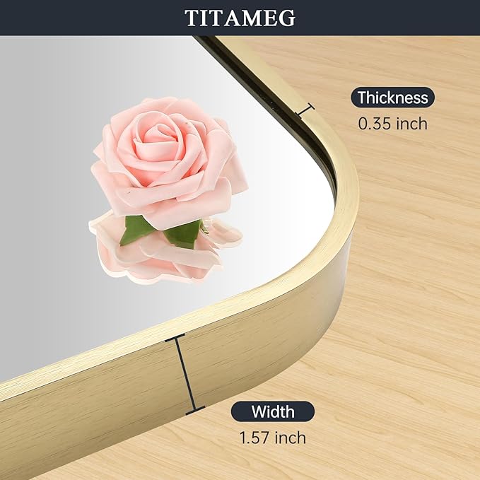 24x32 Inch Bathroom Mirror for Wall, Gold Framed Rectangle with Rounded Corner, Aluminum Alloy Brushed for Bedroom or Living Room, Vertical or Horizontal