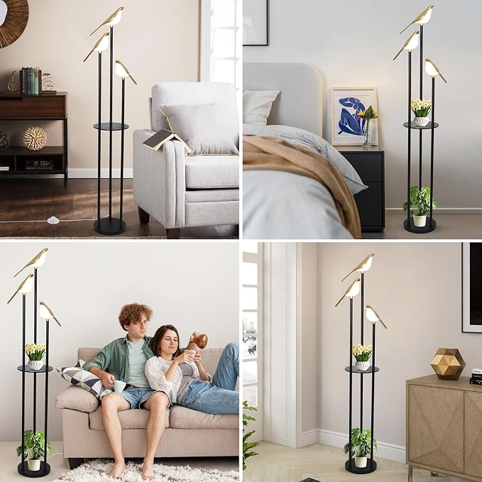 Black and Gold Floor Lamp, Bird Floor Lamp with Shelves, Modern floor Lamps for Living Room, 3-Light Corner Standing Lamp, LED Stand Up Lamp, Tall Lamp for Bedroom, Office, Cute Lighting Decor
