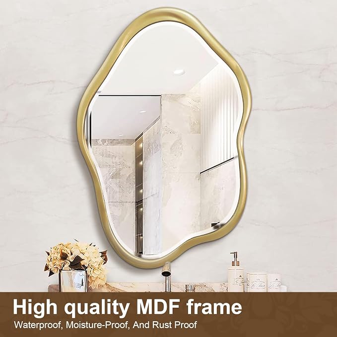 Irregular Wall Mirror, 24"X36" Gold Asymmetrical Bathroom Vanity Mirror, Framed Cloud Mirror for Washroom, Bedroom, Entryway