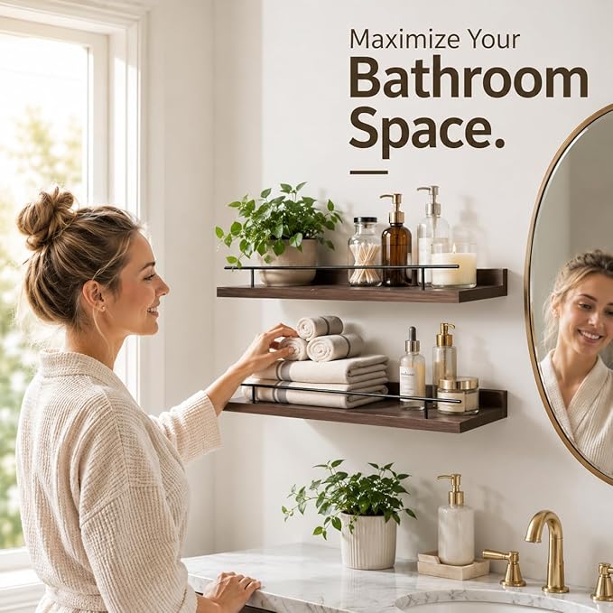 Wood Floating Shelves for Wall Set of 3, Rustic Bathroom Shelves with Guardrail, Wall Mounted Storage Shelves for Bedroom, Living Room and Kitchen