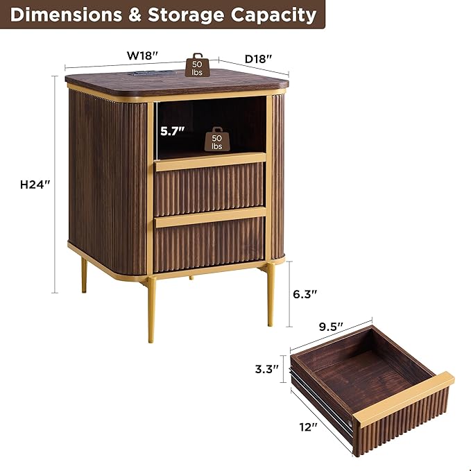 OKD Modern Chic Fluted Nightstand Set of 2 Luxury with Charging Station, End Table/Bed Side Table w/2 Drawers, Faux Marble Tabletop, Gold Metal Decor, Curved Edge Design, Dark Walnut