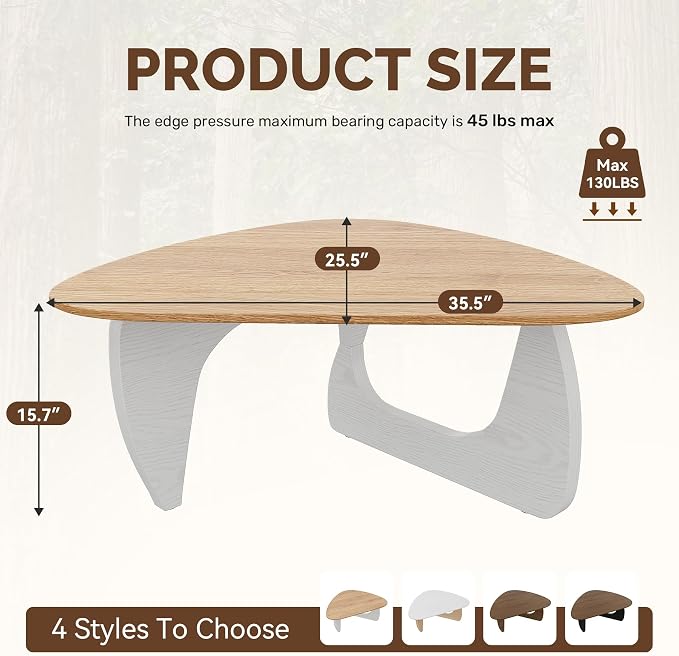 Modern Wood Coffee Table, Triangle Center Table with Premium Wooden Top& Unique Base, 35.5” Small Mid Century Tea Tables for Living Room, Apartment, Office,Natural Wood &White