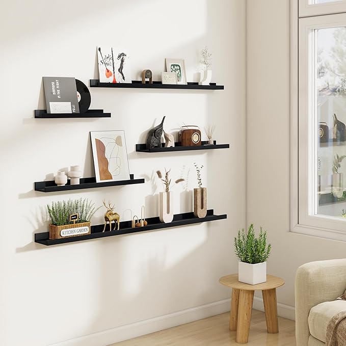 Floating Shelves Set of 6, 16 Inch Picture Ledge Shelf with Lip for Wall, Wall Mounted Display Shelf for Living Room, Bedroom, Nursery, Bathroom, Kitchen, Black