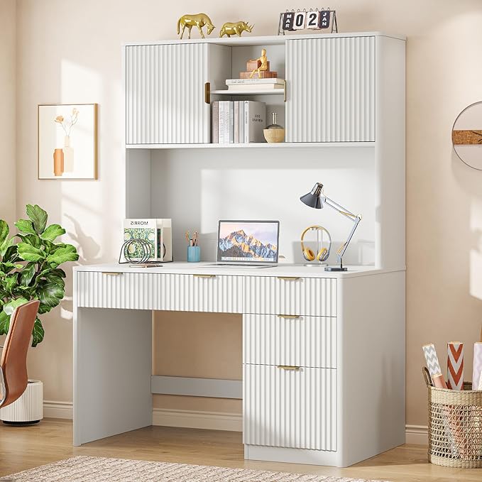 Vabches 67" H Executive Desk with FlutedDrawers,4 Drawers Fluted ComputerDesk,Wood Workstation with Hutch and BarnDoors for Work and Study,Cream White