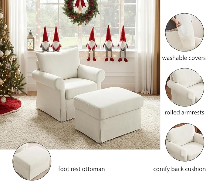 35.8" Chenille Accent Chair with Ottoman Set, Comfy Upholstered Armchair with Rolled Arms, Modern Single Reading Chair for Living Room, Bedroom, Apartment, White