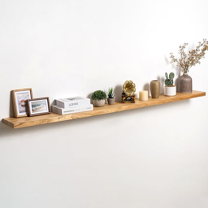 Fun Memories Solid Elm Wood Floating Shelves Set of 1-72 Inch Rustic Wall Shelves with Heavy-Duty Invisible Brackets - for Living Room, Kitchen, Bedroom, Bathroom - Natural Finish