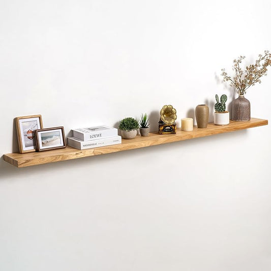 Fun Memories Solid Elm Wood Floating Shelves Set of 1-72 Inch Rustic Wall Shelves with Heavy-Duty Invisible Brackets - for Living Room, Kitchen, Bedroom, Bathroom - Natural Finish