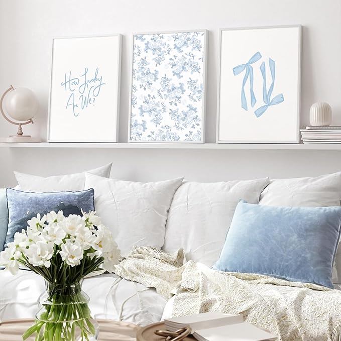 Baccone Blue Bow Wall Art Floral Canvas Wall Decor Coquette Flower Wall Art Trendy Aesthetic Poster Girly Preppy Pictures Blue Floral Prints for Living Room Bathroom 12x16 Inch Unframed Set of 3