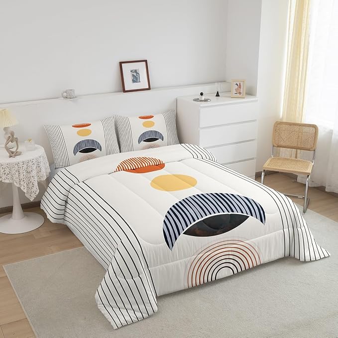 Erosebridal Modern Moon Print Comforter Twin Mid Century Bedding Set, Abstract Art Down Comforter Geometric Stripe Bed Set, Aesthetic Quilted Duvet