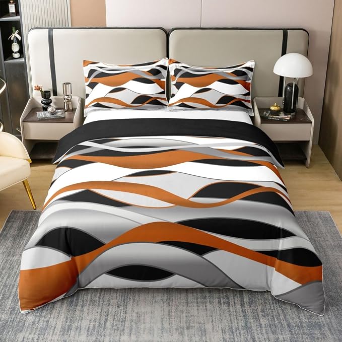 Erosebridal Orange Grey Black Bedding Set Queen Wave Stripe Print 100% Cotton Duvet Cover Geometric Spiral Pattern Comforter Cover for Kids Teens Adults Abstract Art Bed Set 3 Pcs