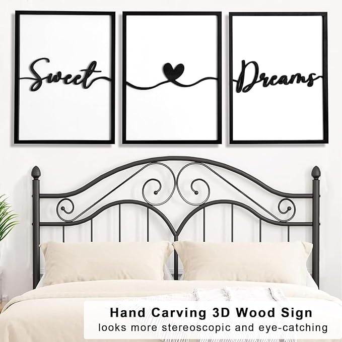 3D Wood Sweet Dreams Wall Decor Above Bed Decors, Bedroom Wall Art 36x16”, Black Wall Decor for Bedroom (12x16 inches, Set of 3, Framed)
