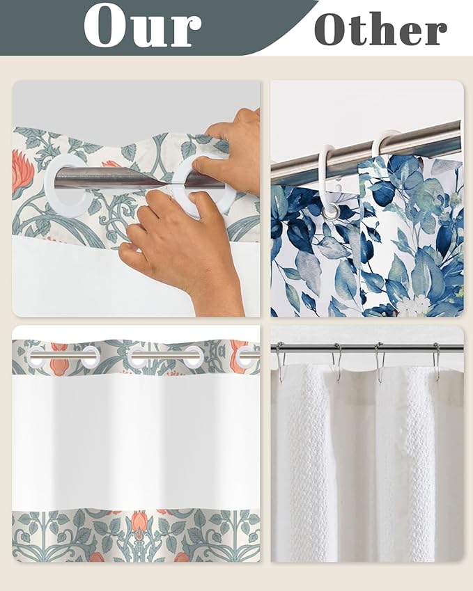 No Hook Shower Curtain with Snap in Liner Set - Vintage Coral Floral & Botanical Pattern Shower Curtains for Cottagecore Farmhouse Bathroom, Mesh Top Waterproof Bath Tub Curtain, 71Wx74H