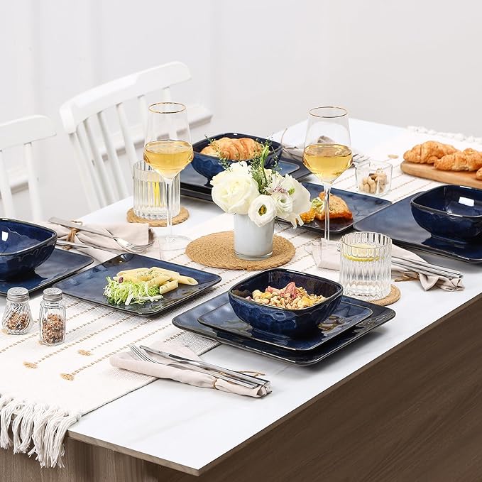Vicrays Ceramic 24 Pieces Square Dinnerware Set - Dinner Plates Salad Plates Cereal Bowls Set Service for 8 - Scratch Resistant Microwave Oven Dishwasher Safe - Blue