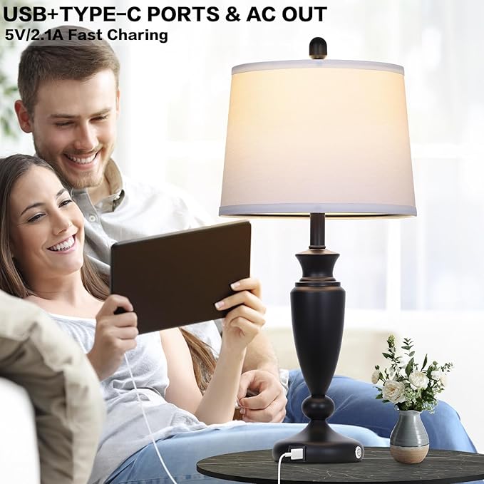 27'' Black Table Lamp Single, 3 Way Touch Control Living Room Lamp with USB A+C Ports, Modern Bedside Lamp, Elegant Metal Nightstand Lamps for Bedroom Office End Table Decoration